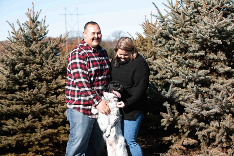 collie mix standing with tongue out with couple between christmas trees