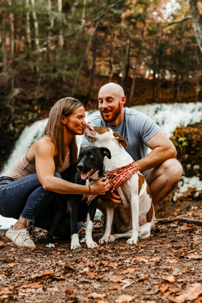 happy couple with two dogs in front of waterfall professional pet photography