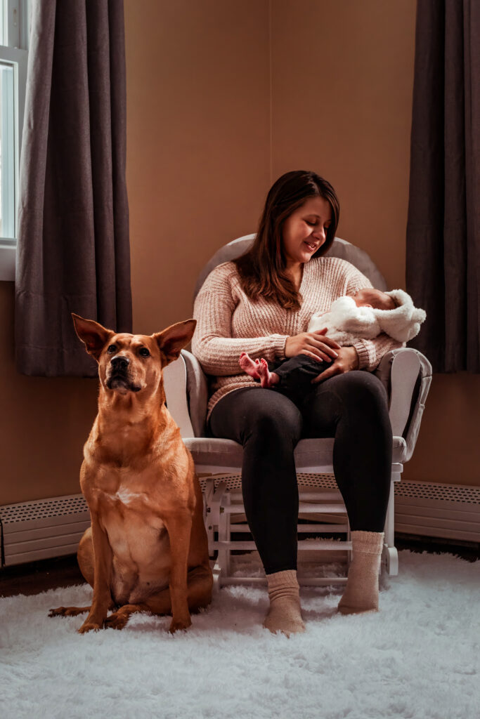 newborn photoshoot with mother and dog professional pet photography